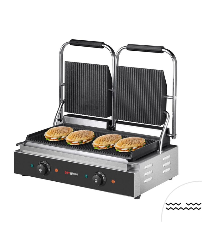 GGM Gastro Commercial Contact Grill - Heavy Duty Panini Press - 3.6kW - plates: ribbed top & bottom - grill area: 480x230mm