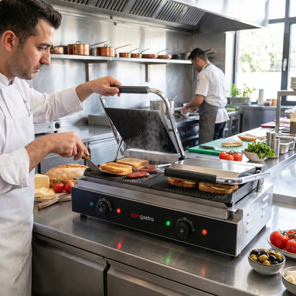 GGM Gastro Commercial Contact Grill - Heavy Duty Panini Press - 3.6kW - plates: ribbed top & bottom - grill area: 480x230mm