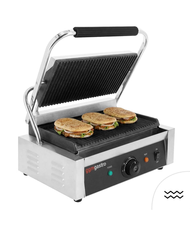 GGM Gastro Commercial Contact Grill - Heavy Duty Panini Press - 3kW - plates: ribbed top & bottom - grill area: 340x230mm