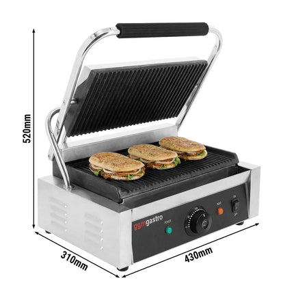GGM Gastro Commercial Contact Grill - Heavy Duty Panini Press - 3kW - plates: ribbed top & bottom - grill area: 340x230mm