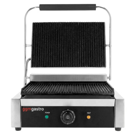 GGM Gastro Commercial Contact Grill - Heavy Duty Panini Press - 3kW - plates: ribbed top & bottom - grill area: 340x230mm