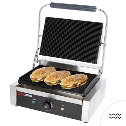 GGM Gastro Commercial Contact Grill - Heavy Duty Panini Press - 3kW - plates: ribbed top & bottom - grill area: 340x230mm