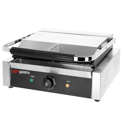 GGM Gastro Commercial Contact Grill - Heavy Duty Panini Press - 3kW - plates: ribbed top & bottom - grill area: 340x230mm