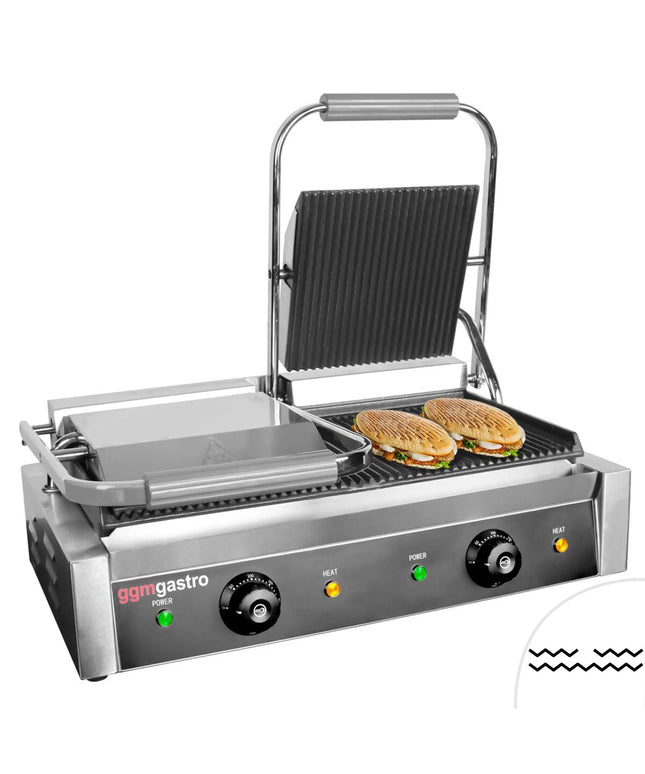 GGM Gastro Commercial Contact Grill - Heavy Duty Panini Press - 4.4kW - plates: ribbed top & bottom - grill area: 475x230mm