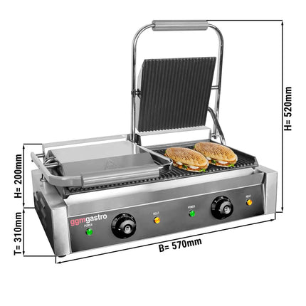 GGM Gastro Commercial Contact Grill - Heavy Duty Panini Press - 4.4kW - plates: ribbed top & bottom - grill area: 475x230mm