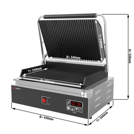 GGM Gastro Commercial Contact Grill - Heavy Duty Panini Press - Digital – Ribbed Top & Bottom – 2.2 kW – 350×240 mm