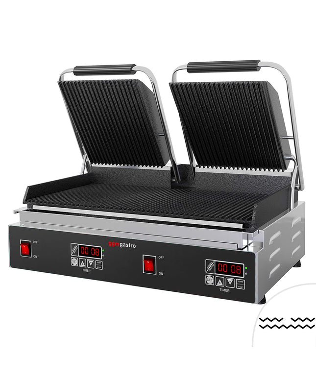 GGM Gastro Commercial Contact Grill - Heavy Duty Panini Press – Ribbed Top & Bottom – 3.6 kW – Easy-clean – 570×410×210 mm