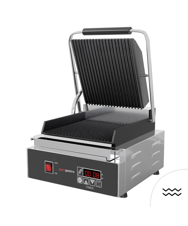 GGM Gastro Commercial Contact Grill - Heavy Duty Panini Press – Ribbed Top & Bottom – 1.8 kW – Easy-clean – 310×410×210 mm