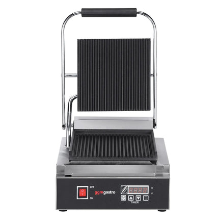 GGM Gastro Commercial Contact Grill - Heavy Duty Panini Press – Ribbed Top & Bottom – 1.8 kW – Easy-clean – 310×410×210 mm