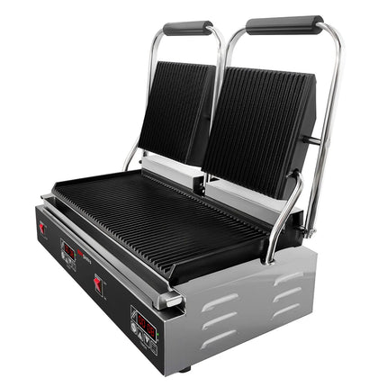 GGM Gastro Commercial Contact Grill - Heavy Duty Panini Press – Ribbed Top & Bottom – 3.6 kW – Easy-clean – 570×410×210 mm