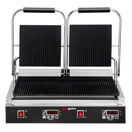 GGM Gastro Commercial Contact Grill - Heavy Duty Panini Press – Ribbed Top & Bottom – 3.6 kW – Easy-clean – 570×410×210 mm