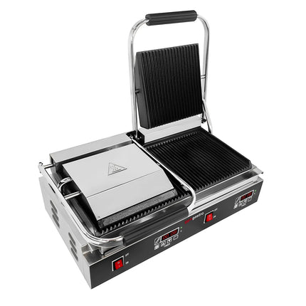 GGM Gastro Commercial Contact Grill - Heavy Duty Panini Press – Ribbed Top & Bottom – 3.6 kW – Easy-clean – 570×410×210 mm