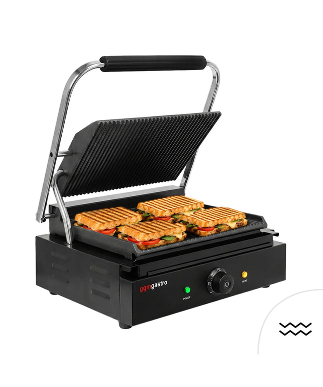 GGM Gastro Commercial Contact Grill – Ribbed Top & Bottom Plates – 2.2 kW – Grill Area: 345 × 235 mm