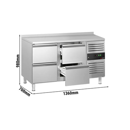 GGM Gastro Commercial Counter Fridge ECO - 1360x700mm - with 4 drawers - with upstand - capacity 205 litres