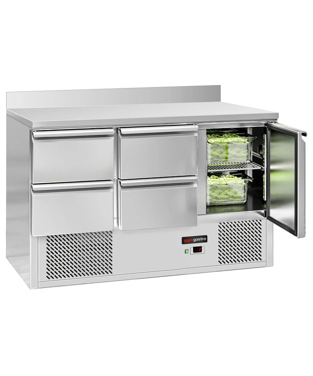GGM Gastro Commercial Counter Fridge ECO - 1368x700mm - with 1 door / 4 drawers - with upstand - capacity 368 litres