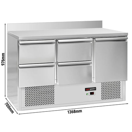 GGM Gastro Commercial Counter Fridge ECO - 1368x700mm - with 1 door / 4 drawers - with upstand - capacity 368 litres