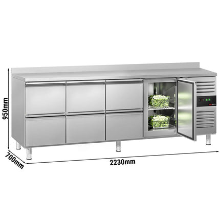 GGM Gastro Commercial Counter Fridge ECO - 2230x700mm - with 1 door - 6 drawers - with upstand - capacity 553 litres