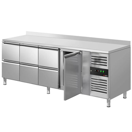 GGM Gastro Commercial Counter Fridge ECO - 2230x700mm - with 1 door - 6 drawers - with upstand - capacity 553 litres