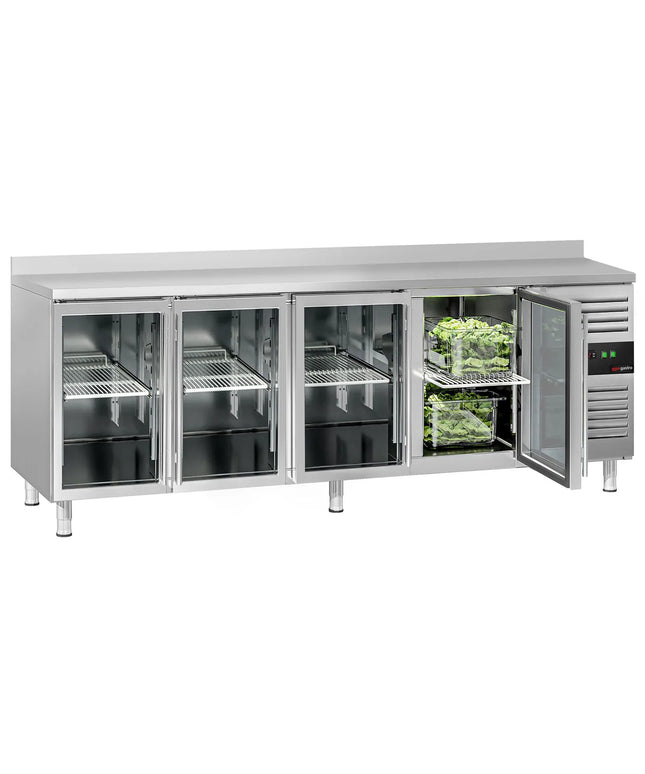 GGM Gastro Commercial Counter Fridge ECO - 2230x700mm - with 4 glass doors - with upstand - capacity 553 litres