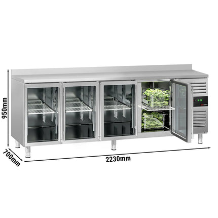 GGM Gastro Commercial Counter Fridge ECO - 2230x700mm - with 4 glass doors - with upstand - capacity 553 litres