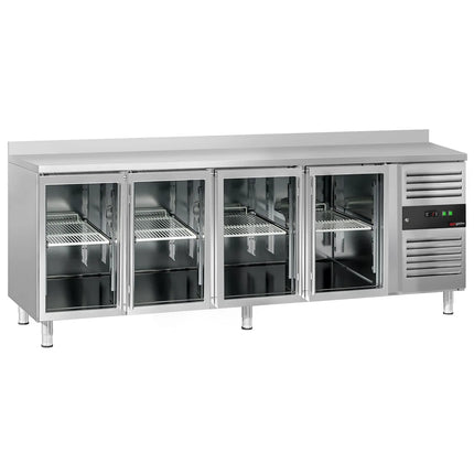 GGM Gastro Commercial Counter Fridge ECO - 2230x700mm - with 4 glass doors - with upstand - capacity 553 litres
