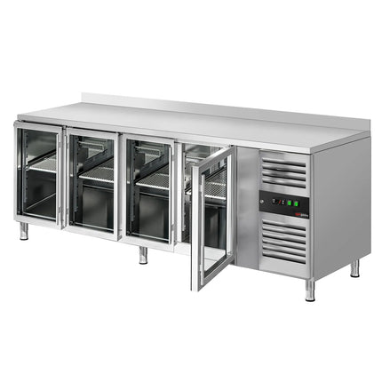 GGM Gastro Commercial Counter Fridge ECO - 2230x700mm - with 4 glass doors - with upstand - capacity 553 litres