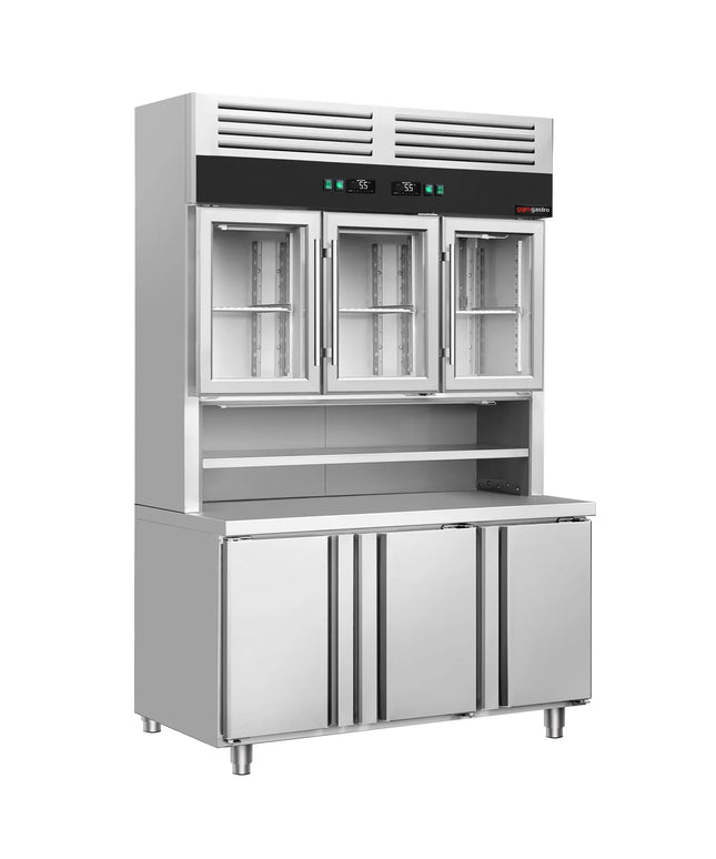GGM Gastro Commercial Counter Fridge & Multideck Display Set - 1350x700mm - double glazing - with 3 glass doors (top) - with 3 doors (bottom) - capacity 455 litres