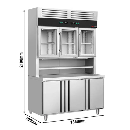 GGM Gastro Commercial Counter Fridge & Multideck Display Set - 1350x700mm - double glazing - with 3 glass doors (top) - with 3 doors (bottom) - capacity 455 litres