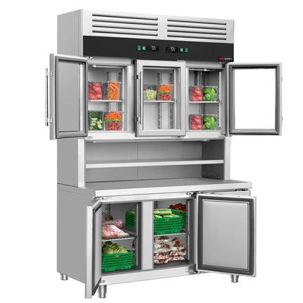 GGM Gastro Commercial Counter Fridge & Multideck Display Set - 1350x700mm - double glazing - with 3 glass doors (top) - with 3 doors (bottom) - capacity 455 litres