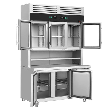 GGM Gastro Commercial Counter Fridge & Multideck Display Set - 1350x700mm - double glazing - with 3 glass doors (top) - with 3 doors (bottom) - capacity 455 litres