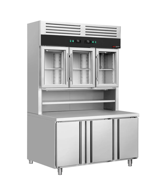 GGM Gastro Commercial Counter Fridge & Multideck Display Set - 1350x800mm - double glazing - with 3 glass doors (upper) & 3 doors (lower) - capacity 520 litres