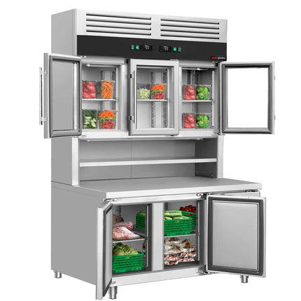 GGM Gastro Commercial Counter Fridge & Multideck Display Set - 1350x800mm - double glazing - with 3 glass doors (upper) & 3 doors (lower) - capacity 520 litres