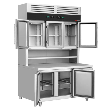 GGM Gastro Commercial Counter Fridge & Multideck Display Set - 1350x800mm - double glazing - with 3 glass doors (upper) & 3 doors (lower) - capacity 520 litres