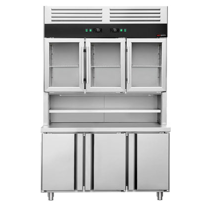 GGM Gastro Commercial Counter Fridge & Multideck Display Set - 1350x800mm - double glazing - with 3 glass doors (upper) & 3 doors (lower) - capacity 520 litres