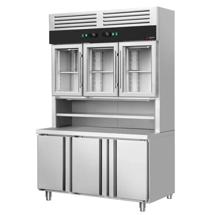 GGM Gastro Commercial Counter Fridge & Multideck Display Set - 1350x800mm - double glazing - with 3 glass doors (upper) & 3 doors (lower) - capacity 520 litres