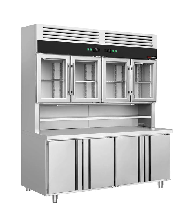 GGM Gastro Commercial Counter Fridge & Multideck Display Set - 1800x700mm - double glazing - with 4 glass doors top, 4 doors bottom - worktop