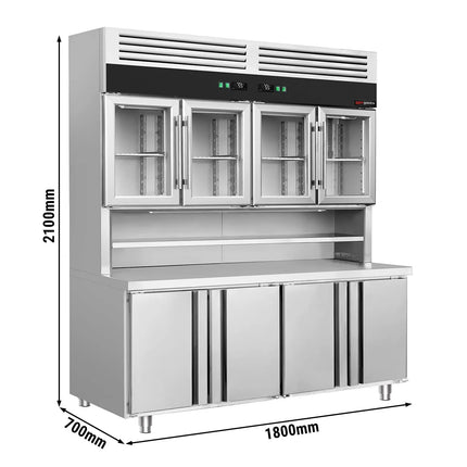 GGM Gastro Commercial Counter Fridge & Multideck Display Set - 1800x700mm - double glazing - with 4 glass doors top, 4 doors bottom - worktop