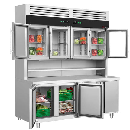 GGM Gastro Commercial Counter Fridge & Multideck Display Set - 1800x700mm - double glazing - with 4 glass doors top, 4 doors bottom - worktop