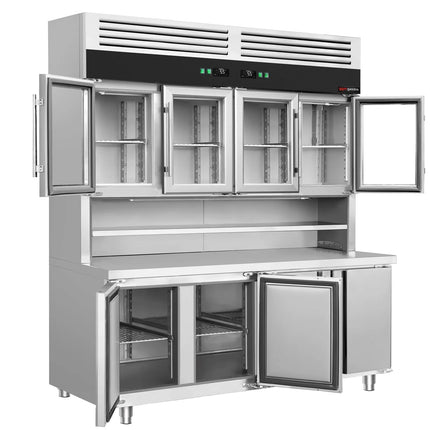 GGM Gastro Commercial Counter Fridge & Multideck Display Set - 1800x700mm - double glazing - with 4 glass doors top, 4 doors bottom - worktop