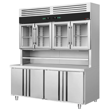 GGM Gastro Commercial Counter Fridge & Multideck Display Set - 1800x700mm - double glazing - with 4 glass doors top, 4 doors bottom - worktop