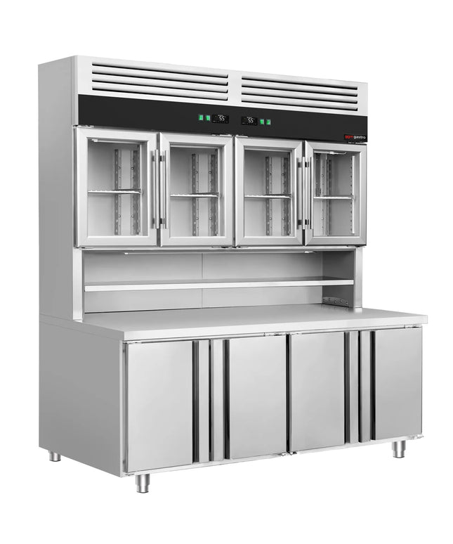 GGM Gastro Commercial Counter Fridge & Multideck Display Set - 1800x800mm - with 4 glass doors (top) & 4 doors (bottom) - double glazing - with worktop