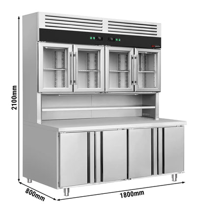 GGM Gastro Commercial Counter Fridge & Multideck Display Set - 1800x800mm - with 4 glass doors (top) & 4 doors (bottom) - double glazing - with worktop