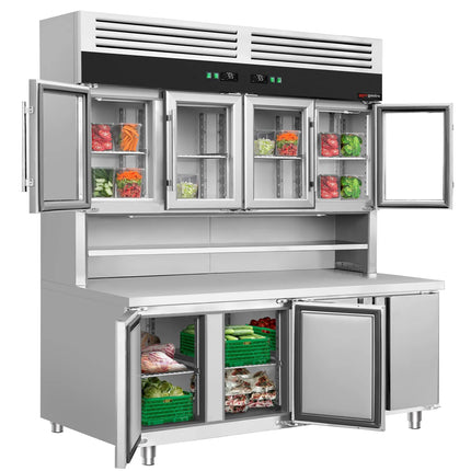 GGM Gastro Commercial Counter Fridge & Multideck Display Set - 1800x800mm - with 4 glass doors (top) & 4 doors (bottom) - double glazing - with worktop