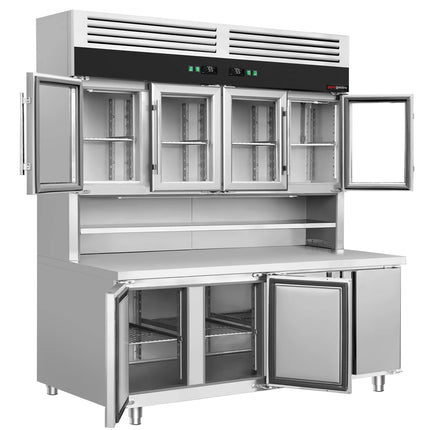 GGM Gastro Commercial Counter Fridge & Multideck Display Set - 1800x800mm - with 4 glass doors (top) & 4 doors (bottom) - double glazing - with worktop