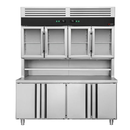 GGM Gastro Commercial Counter Fridge & Multideck Display Set - 1800x800mm - with 4 glass doors (top) & 4 doors (bottom) - double glazing - with worktop