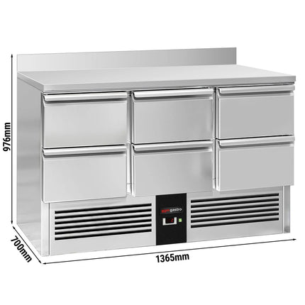 GGM Gastro Commercial Counter Fridge PREMIUM - 1365x700mm - with 6 drawers - with upstand - black front - capacity 368 litres