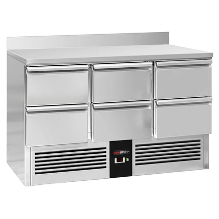 GGM Gastro Commercial Counter Fridge PREMIUM - 1365x700mm - with 6 drawers - with upstand - black front - capacity 368 litres