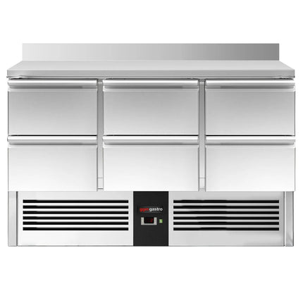 GGM Gastro Commercial Counter Fridge PREMIUM - 1365x700mm - with 6 drawers - with upstand - black front - capacity 368 litres