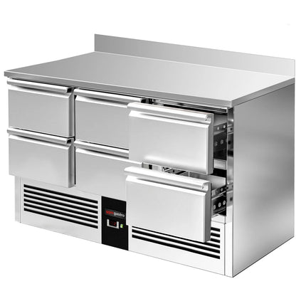GGM Gastro Commercial Counter Fridge PREMIUM - 1365x700mm - with 6 drawers - with upstand - black front - capacity 368 litres