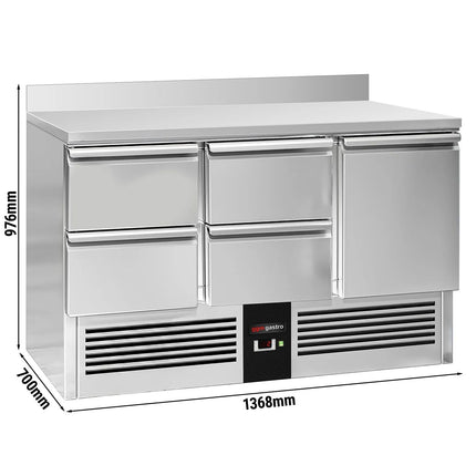 GGM Gastro Commercial Counter Fridge PREMIUM - 1368x700mm - with 1 door, 4 drawers - with upstand - capacity 368 litres